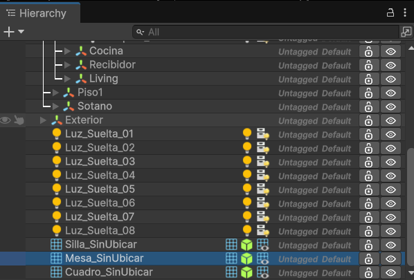 Reparent — The problem: 300+ objects in the hierarchy. Mesa_SinUbicar sits at the bottom while its intended parent is scrolled out of view.
