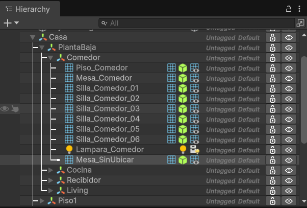 Reparent — Result: the object lands under Comedor and the hierarchy reads cleanly again.